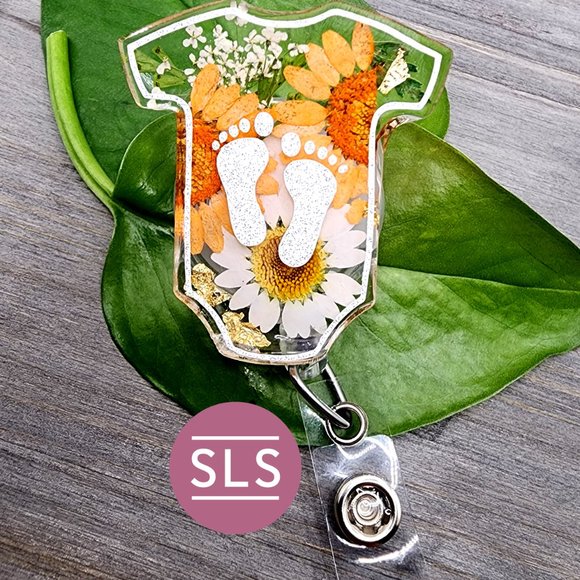 Floral Baby Romper With Footprints Badge Reel-NICU Badge Holder-Gift for NICU RN - Picture 3 of 7